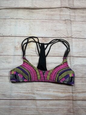 Ripcurl Colorful Strappy Racerback Surf Bikini Top - Pink, Purple & Lime Pattern